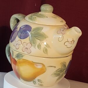Vintage Teapot and Cup Set "Tea for One Combo" with Hand Paint Fruit and Flowers